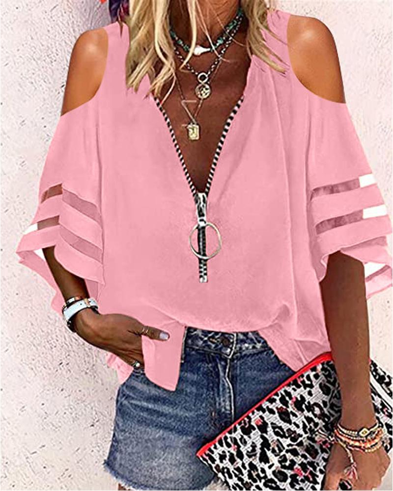 

Contrast Mesh Cold Shoulder Zip Front Chiffon Top, Pink