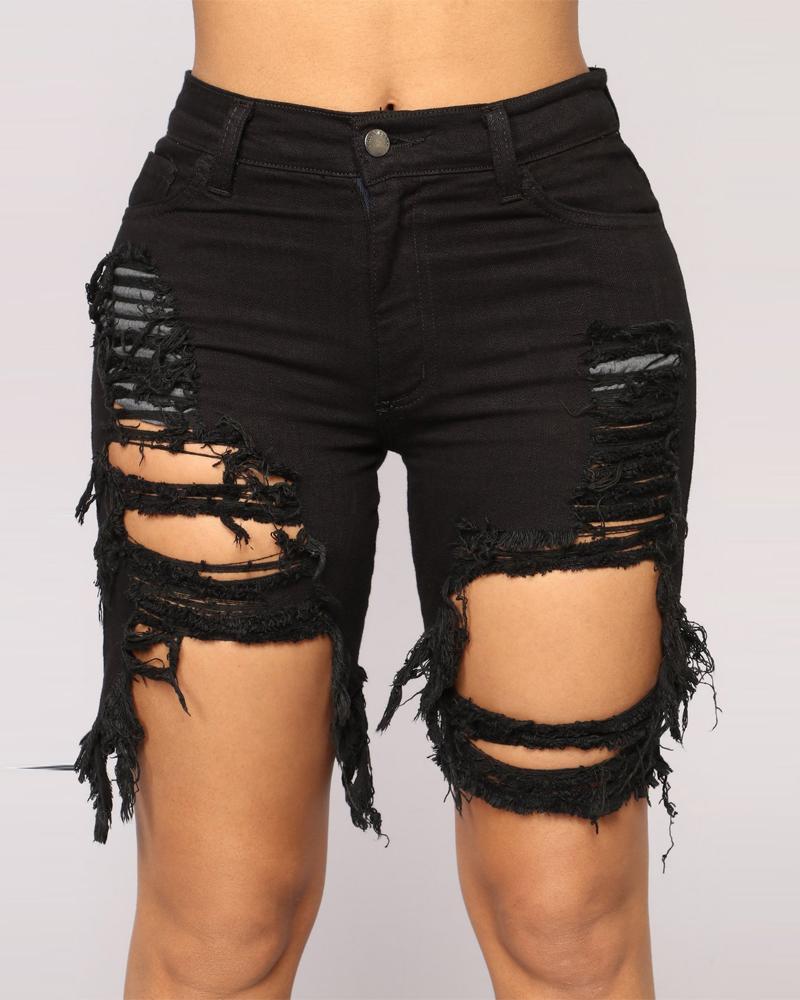 

Zip Fly Cutout Ripped Raw Hem Denim Shorts, Black