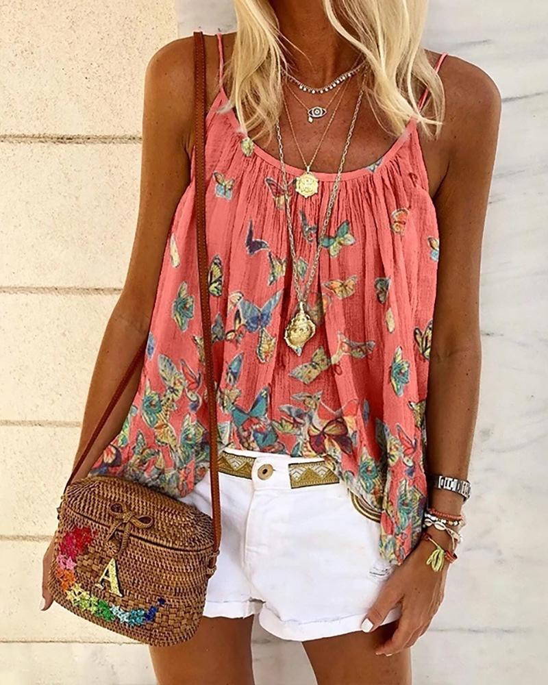 

Spaghetti Strap Butterfly Print Casual Top, Red