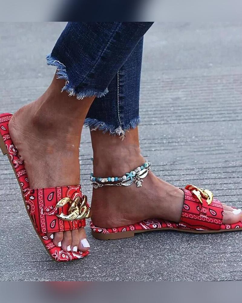

Square-toe All Over Print Splicing Chain Flat Slippers, Red