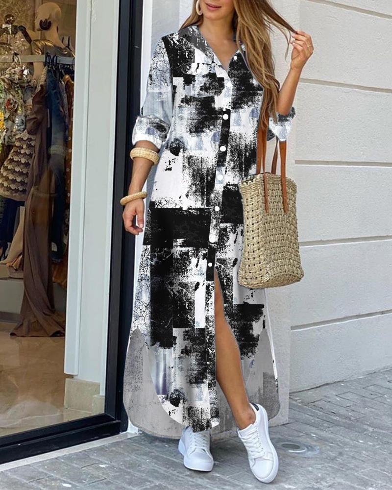 

Print Buttoned Slit Shirt Dress, Black