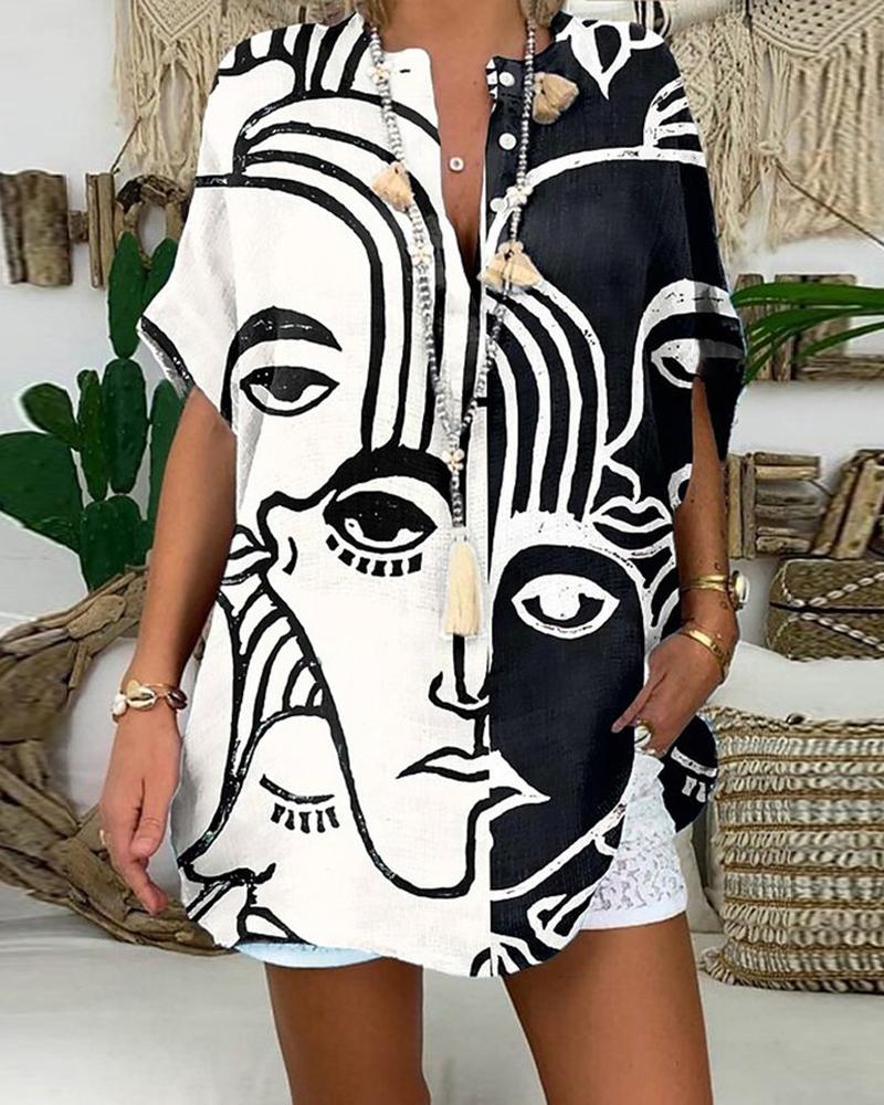 

Abstract Figure Print Button Front Shirt, White