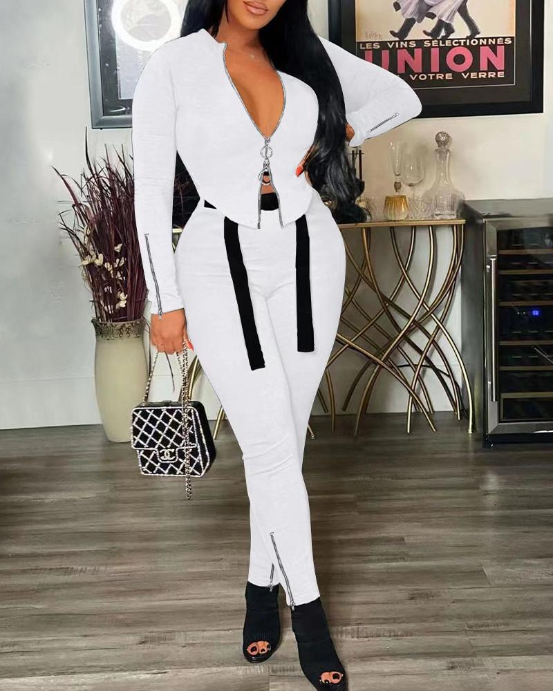 

Zipper Detail Long Sleeve Top & Pants Set, White