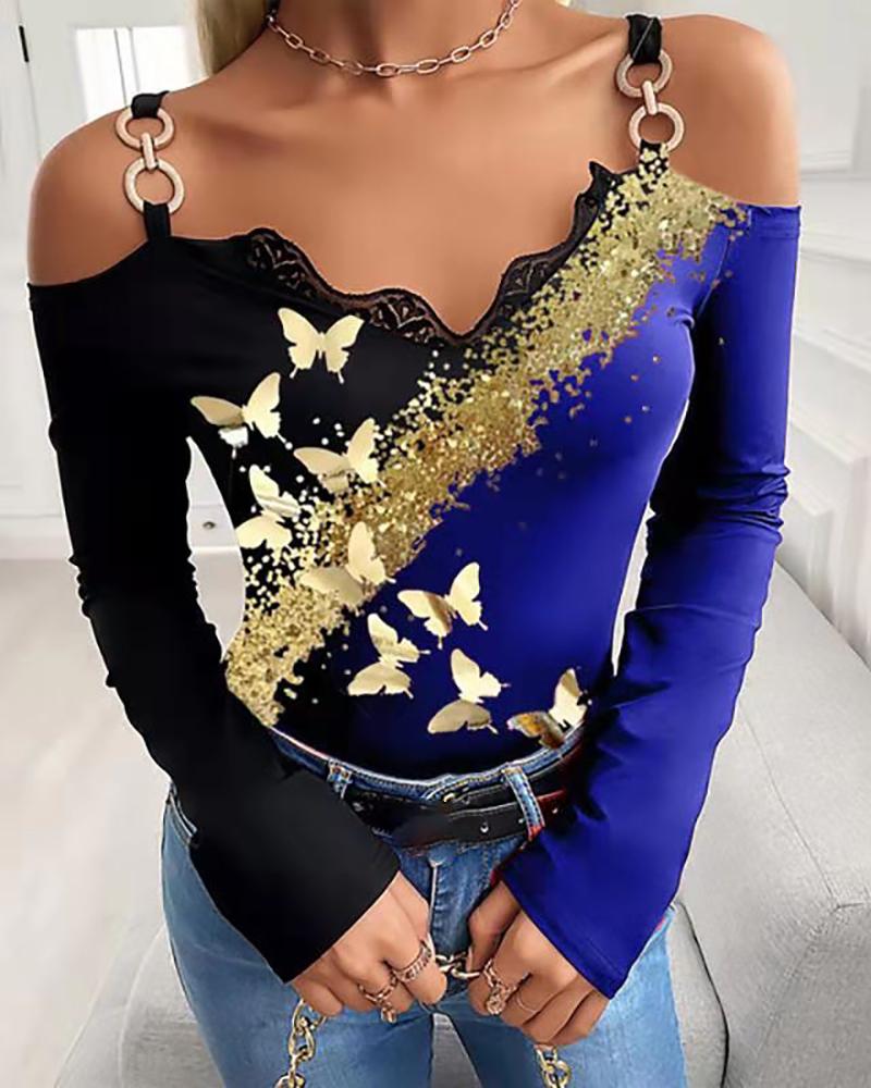 

Cold Shoulder Butterfly Bronzing Print Long Sleeve Top, Blue