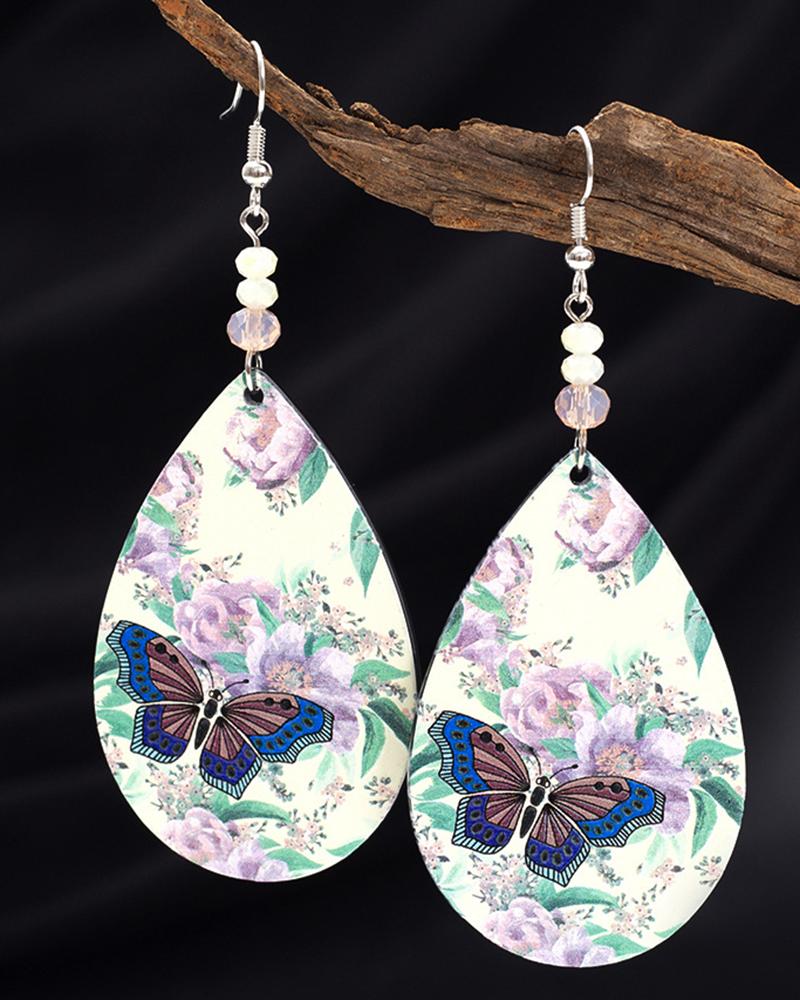 

1Pair Butterfly Floral Print Water Drop Hook Earrings, White