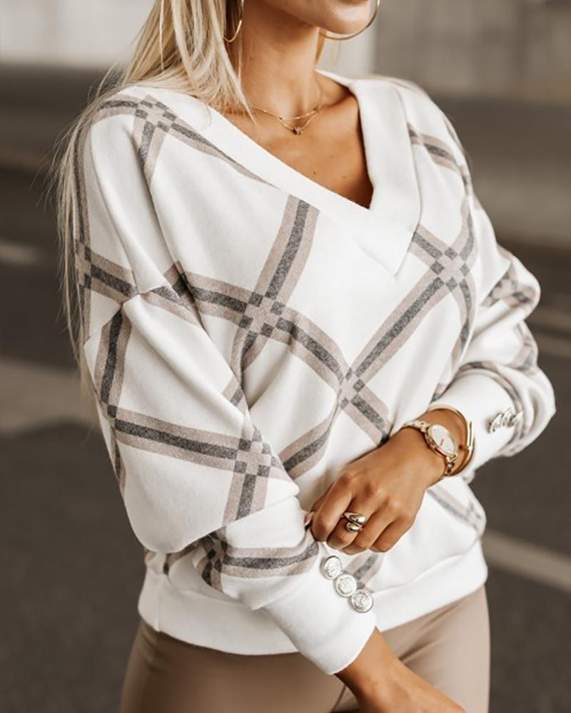 

Geometric Print V-Neck Casual Top, White