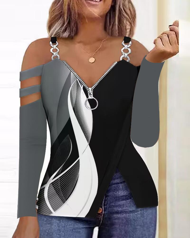 

Abstract Print Colorblock Cold Shoulder Chain Decor Top, Black