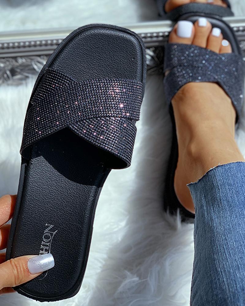 

Open Toe Studded Flat Sandals, Black