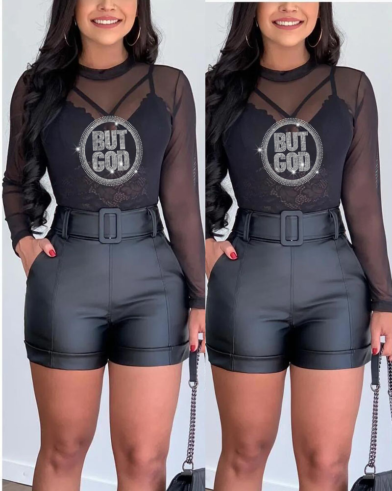 

Rhinestone Letter Pattern Sheer Mesh Top & PU Leather Shorts Set, Black
