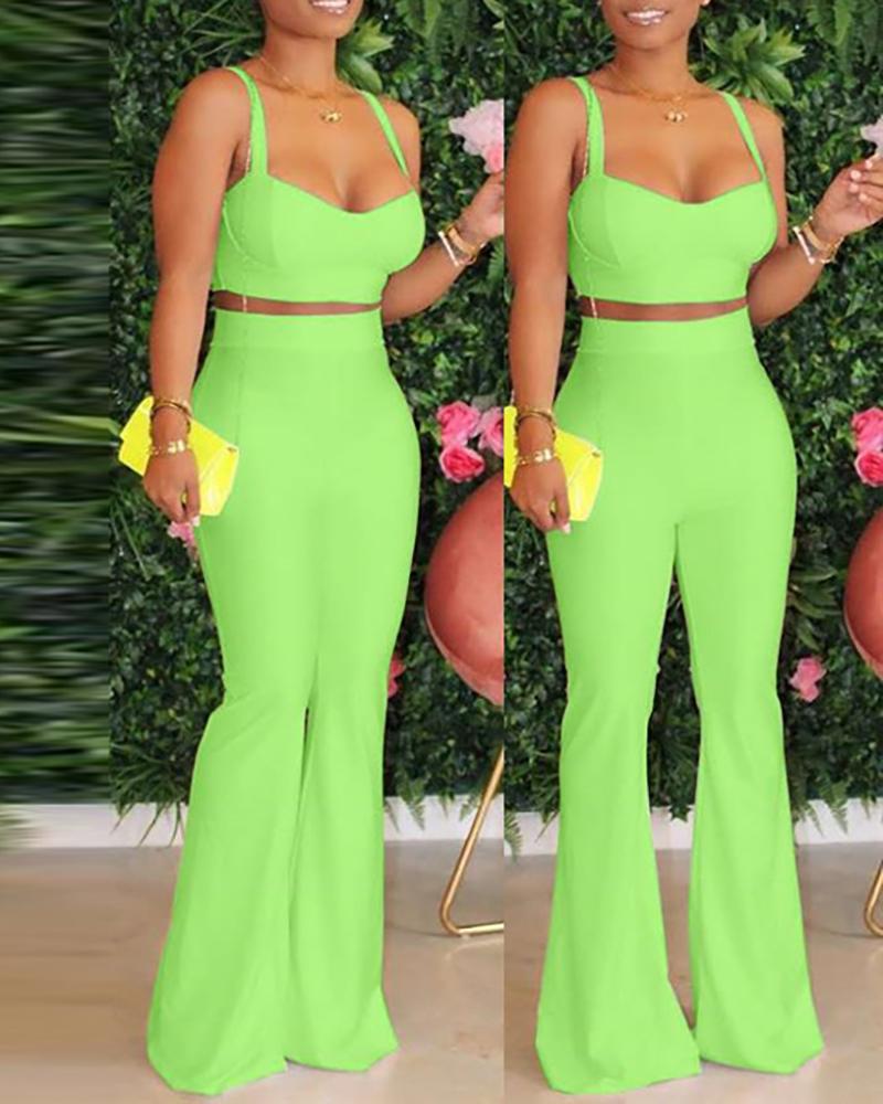 

Sleeveless Crop Top & High Waist Bootcut Pants Set, Green