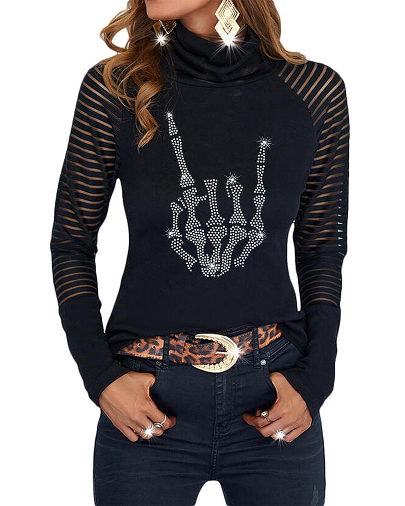 

Valentine's Day Mock Neck Rhinestone Mesh Patch Top, Style3