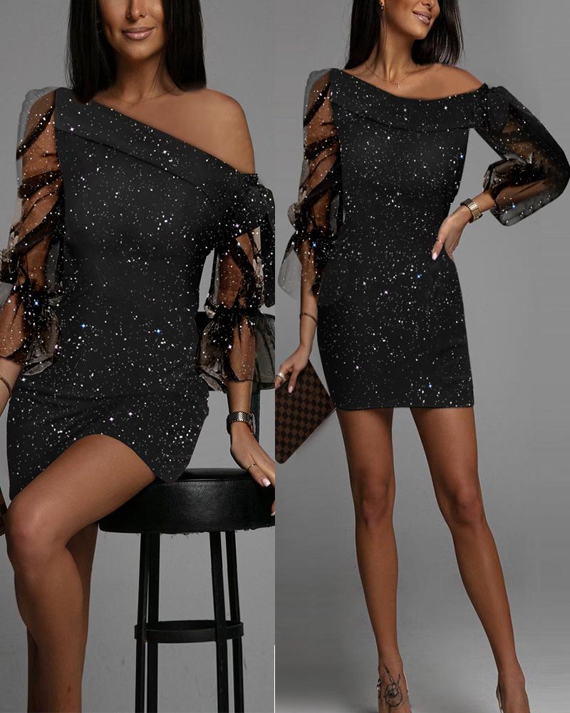 

Sheer Mesh Flounce Sleeve Glitter Party Dress, Black