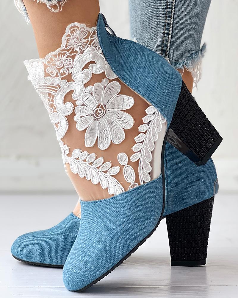

Contrast Lace Zip Back Chunky Heel Ankle Boots, Blue&white