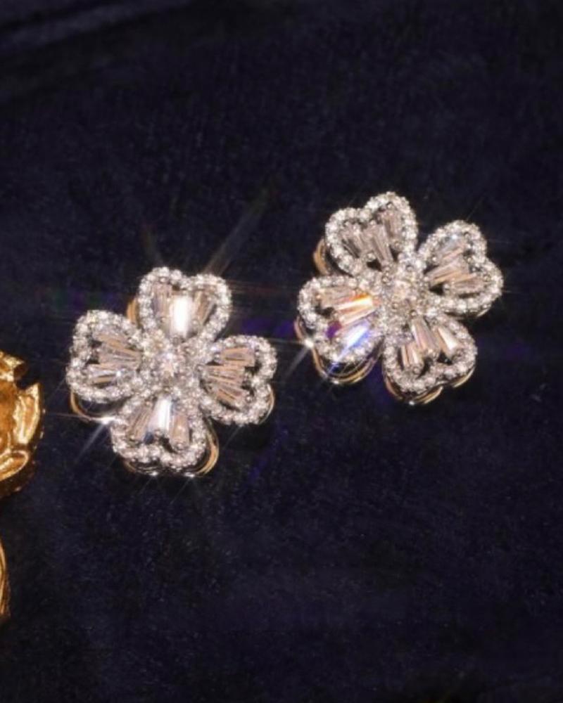 

1Pair Lucky Rhinestone Clover Shaped Spin Earrings, Silver