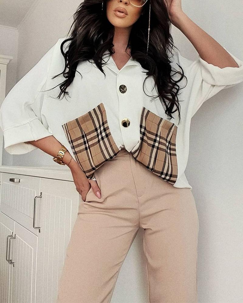 

Plaid Print Colorblock Button Pocket Design Shirt, White
