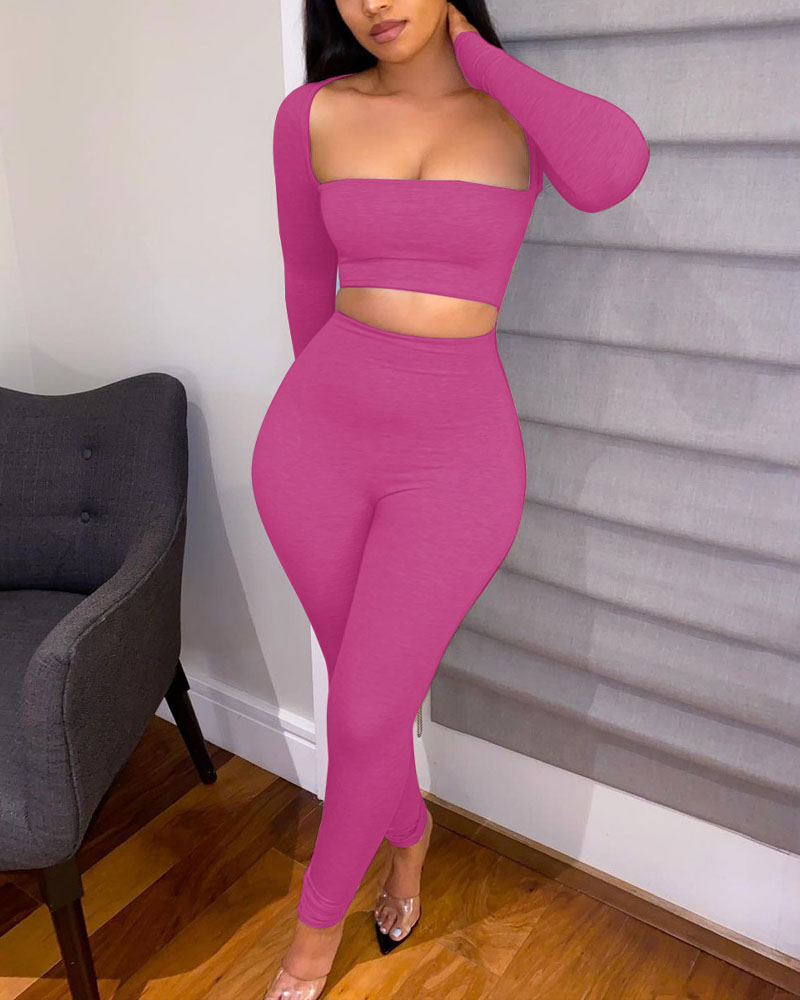 

Long Sleeve Crop Top & Skinny Pants Set, Hot pink