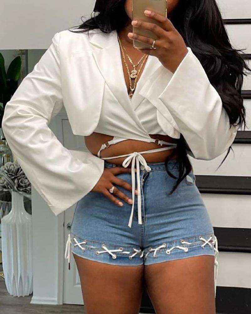 

Slit Bell Sleeve Tied Detail Blazer Coat, White