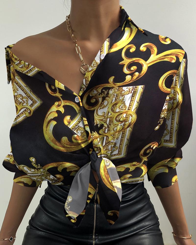 

Scarf Print Button Design Tie Front Shirt, Black