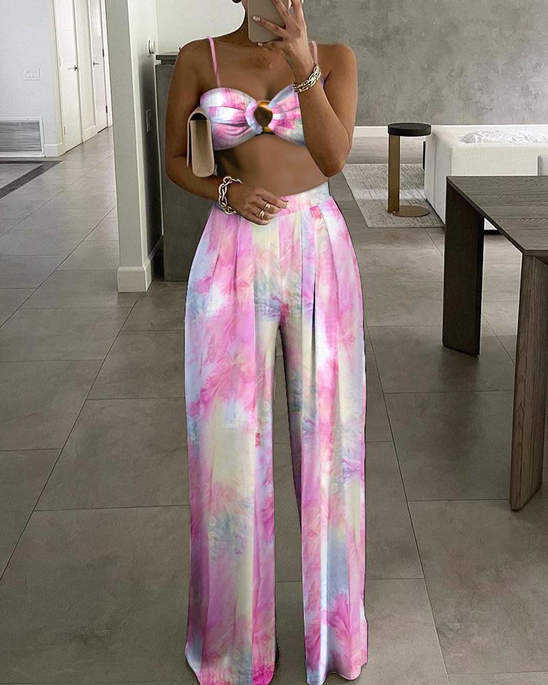 

Tie Dye Print O-Ring Crop Top & High Waist Pants Set, Multicolor