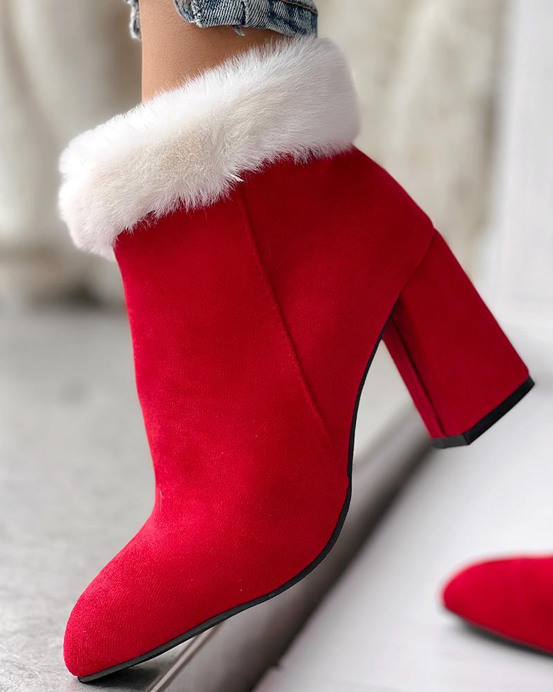 

Fuzzy Detail Chunky Heel Ankle Boots, Red