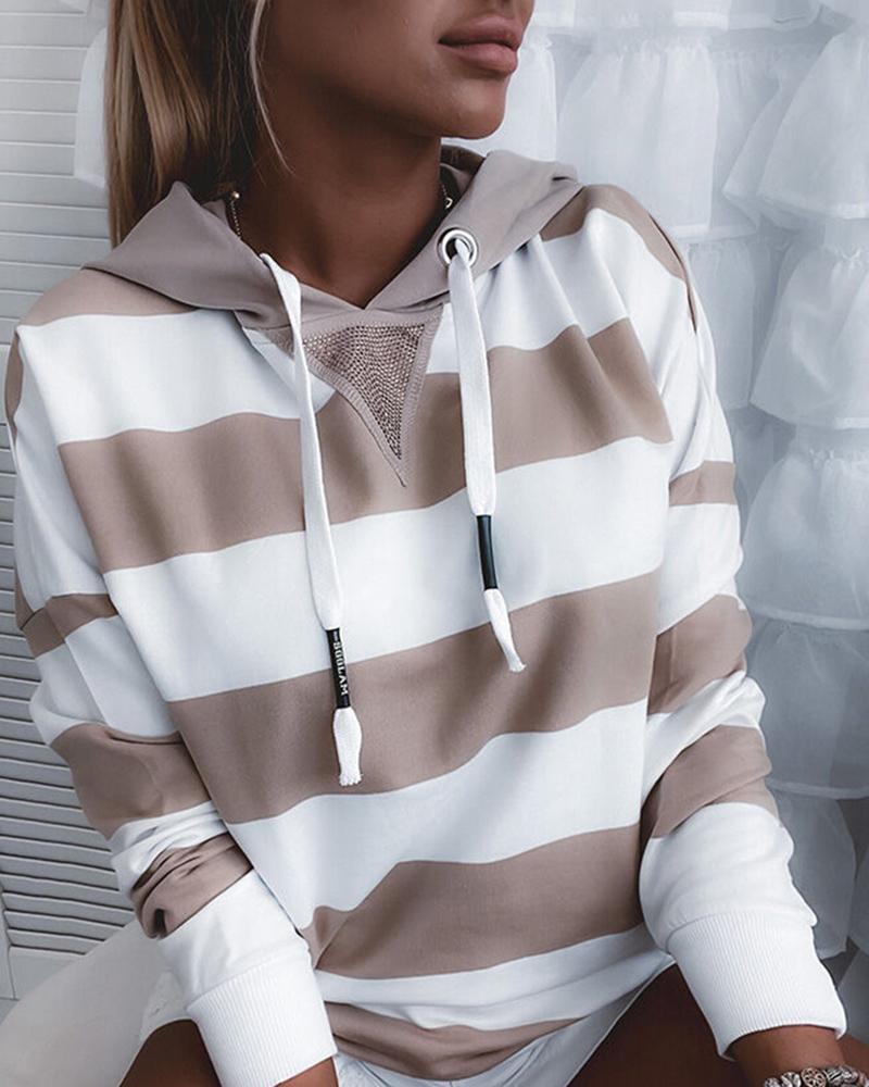 

RECYCLED Striped Print Colorblock Rhinestone Hooded Sweatshirt, Khaki