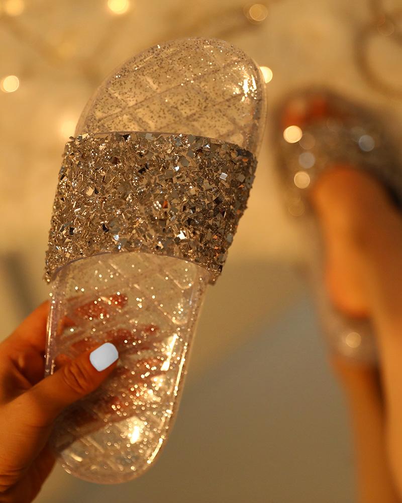 

Open Toe Glitter Rhinestone Flat Slippers, Silver