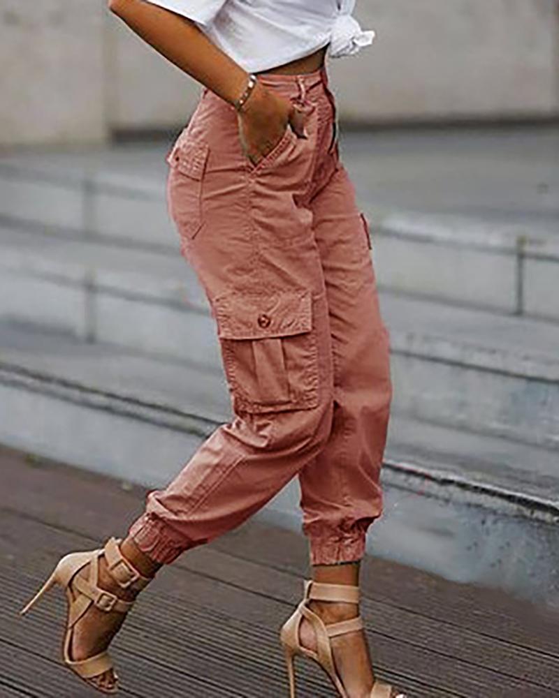 

High Waist Pocket Design Cargo Pants, Pink