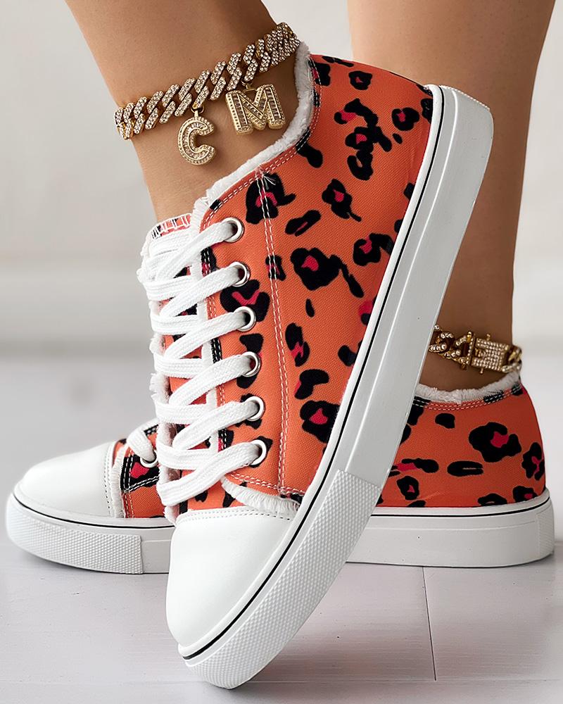 

Leopard Print Raw Hem Lace-up Canvas Sneakers, Orange