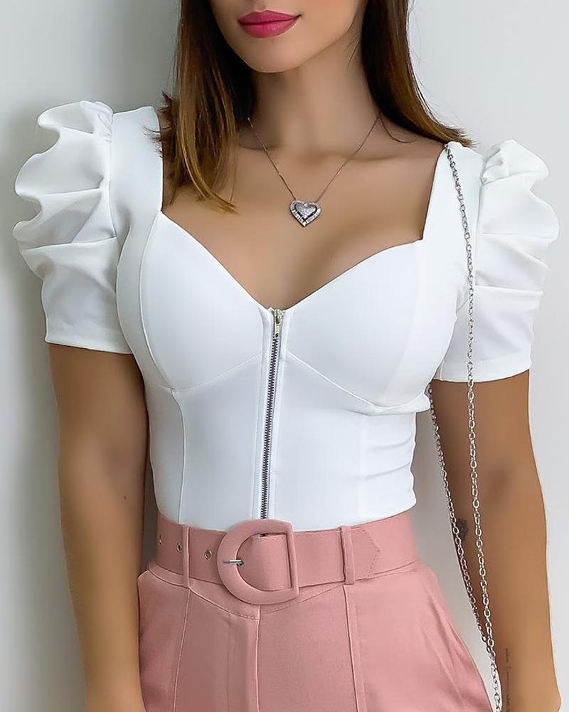 

Ruched Puff Sleeve Zipper Front Top, White