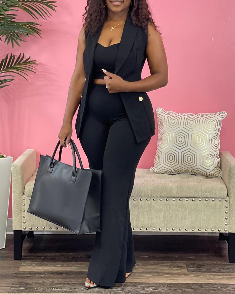 

3PCS Crop Top & Pants Set With Vest Blazer, Black