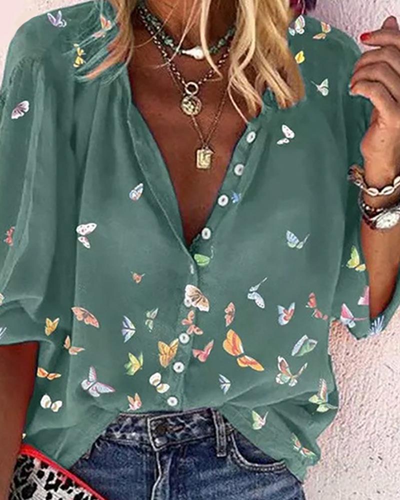 

Butterfly Print Button Front Half Sleeve Shirt, Green