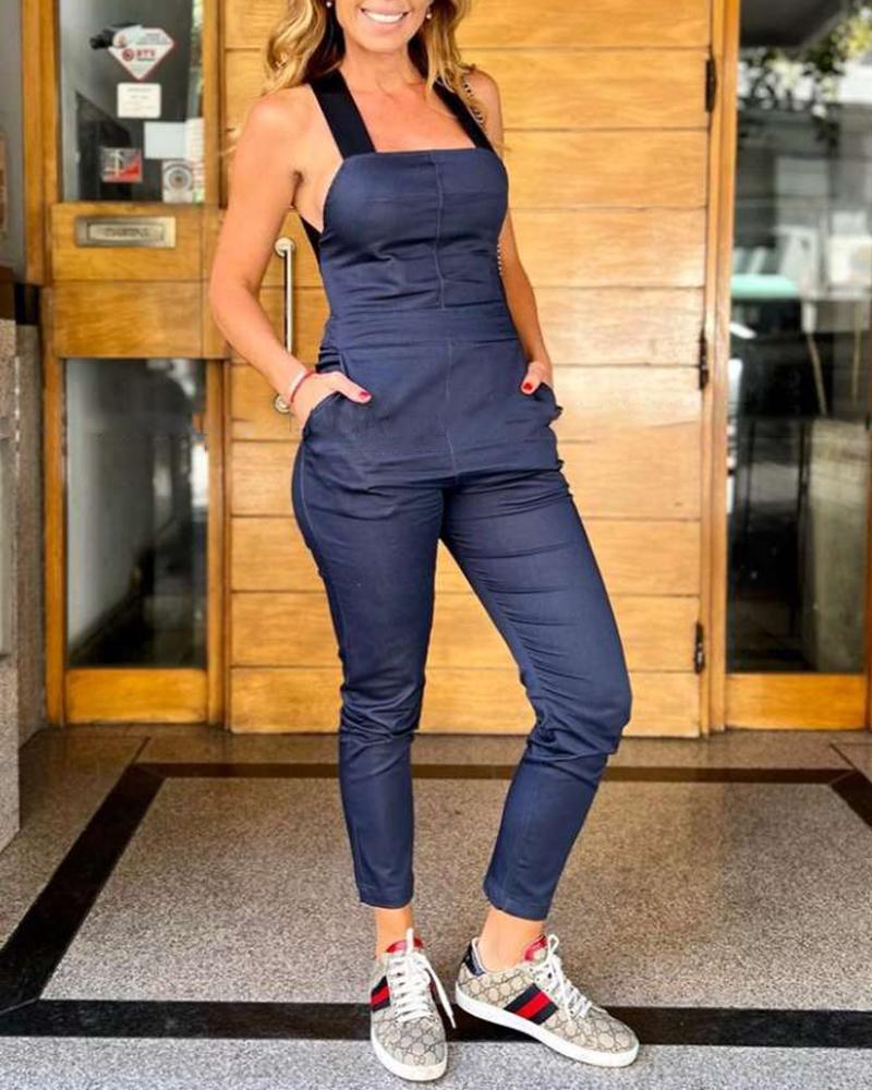 

Pocket Design Crisscross Backless Suspender Jumpsuit, Dark blue
