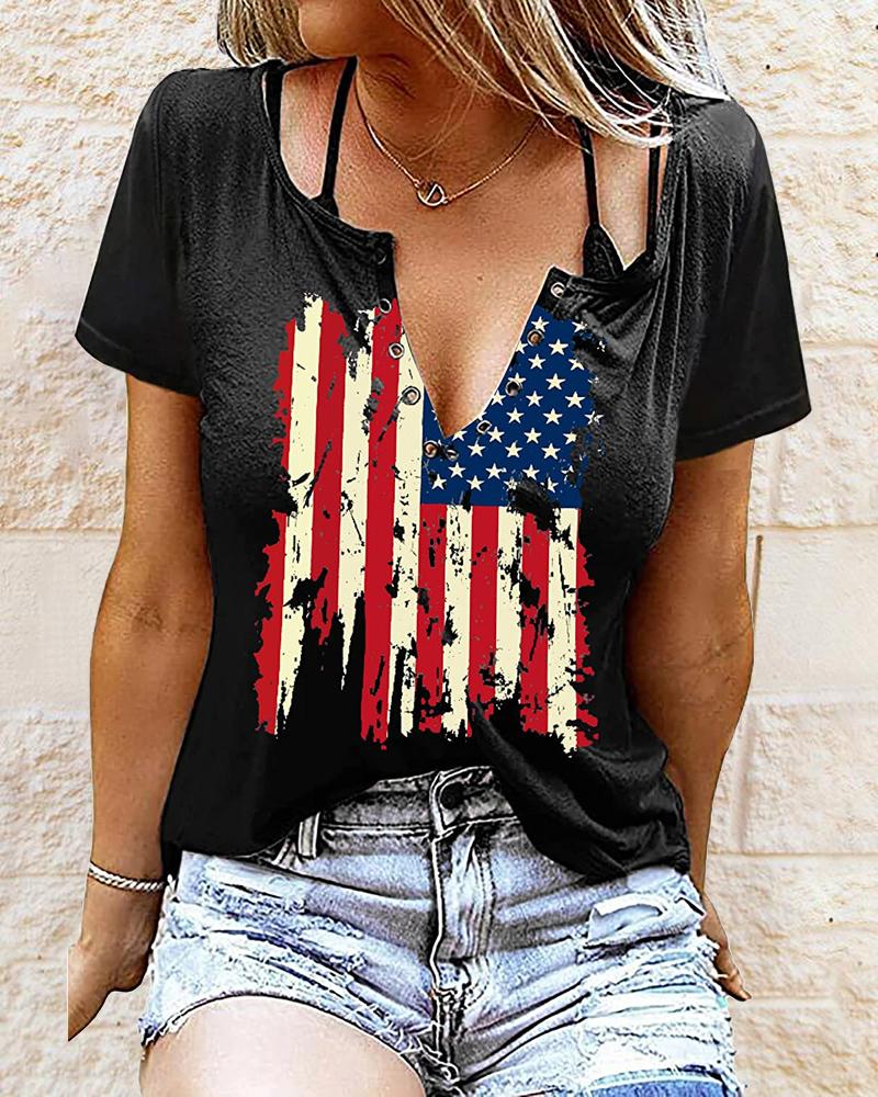 Independence Day Flag Print Eyelet Decor T-shirt