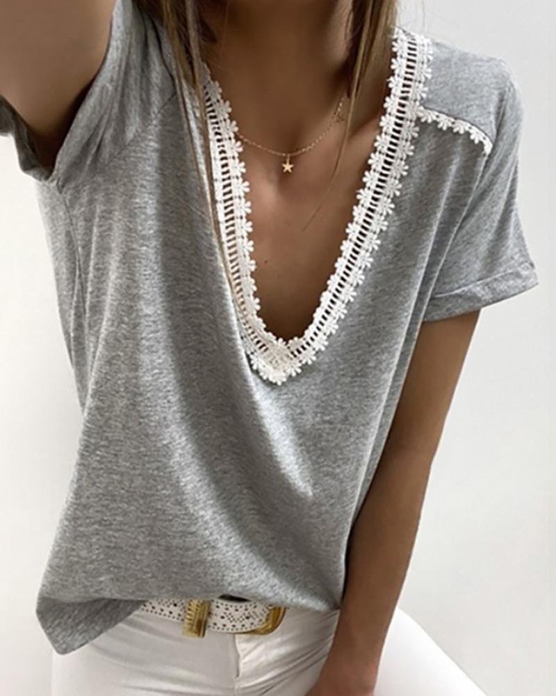 

V-neck Crochet Lace Casual T-shirt, Gray
