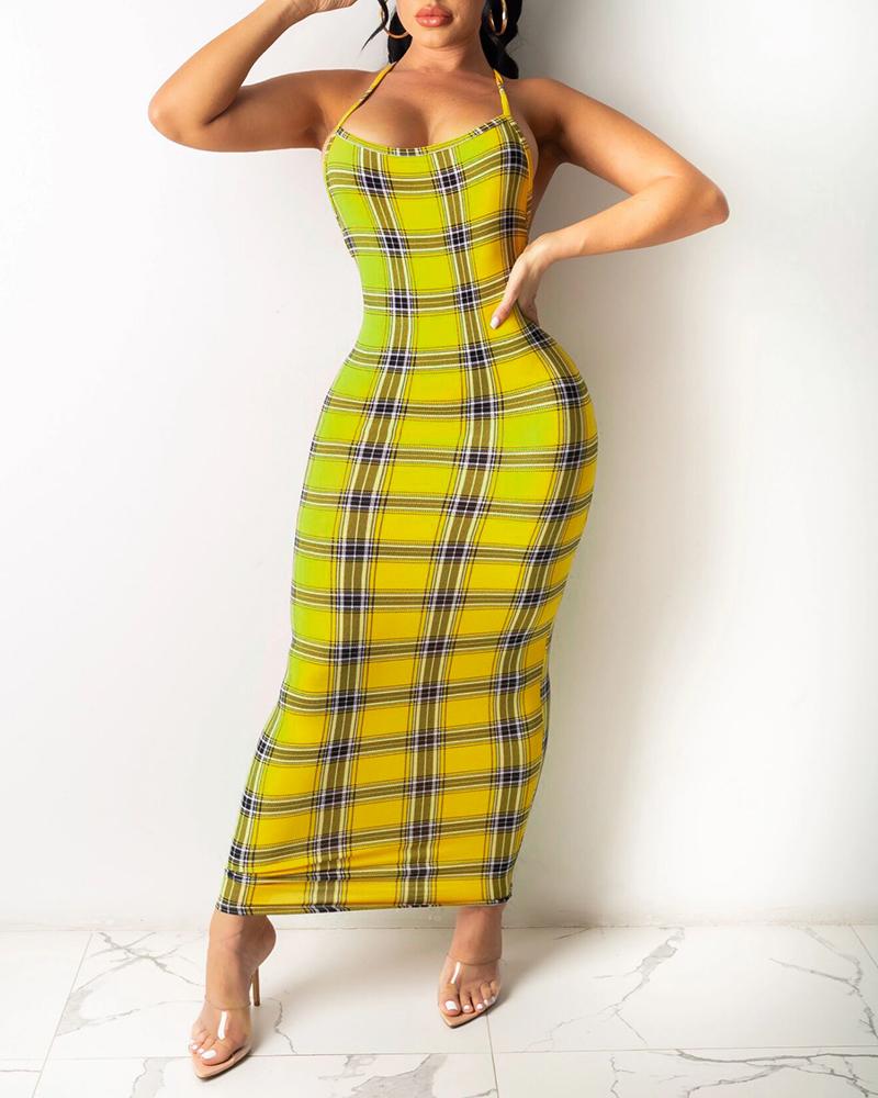 

Plaid Print Crisscross Halter Backless Bodycon Maxi Dress, Yellow