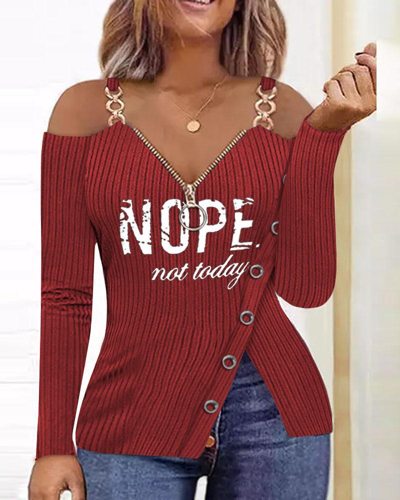 

Letter Print Zip Detail Cold Shoulder Top, Red