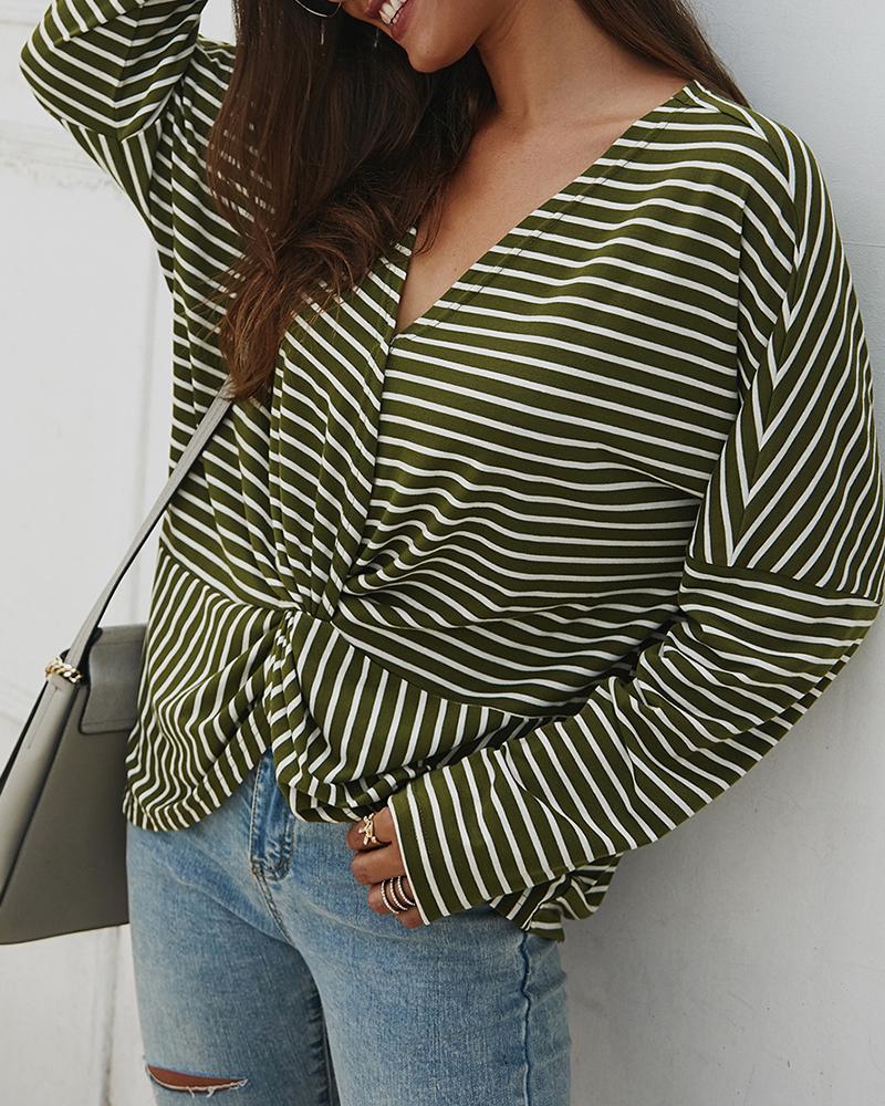 

Long Sleeve Twisted Front Striped Print Top, Green