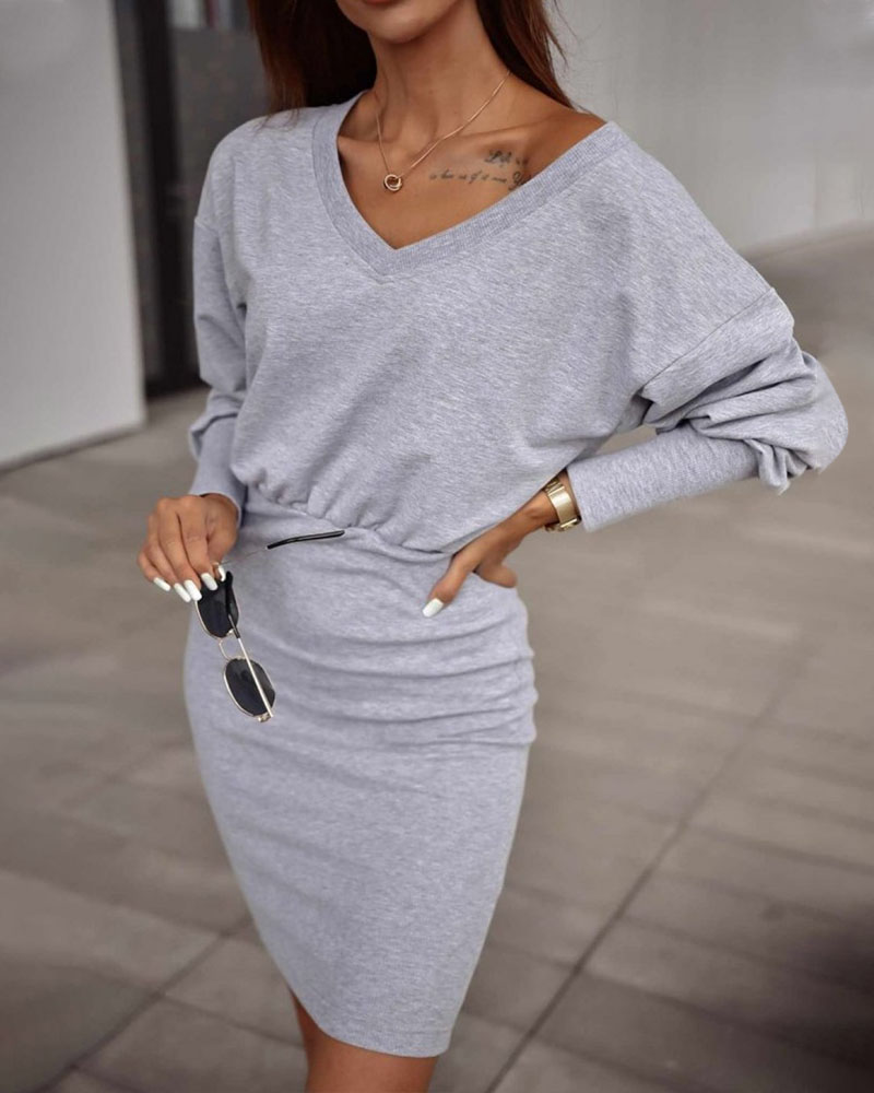 

Gigot Sleeve V-Neck Casual Dress, Gray