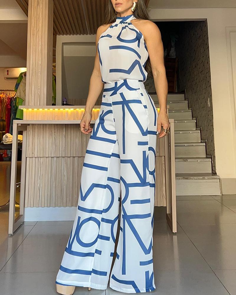 

Letter Print Sleeveless Top & Wide Leg Pants Set, Blue