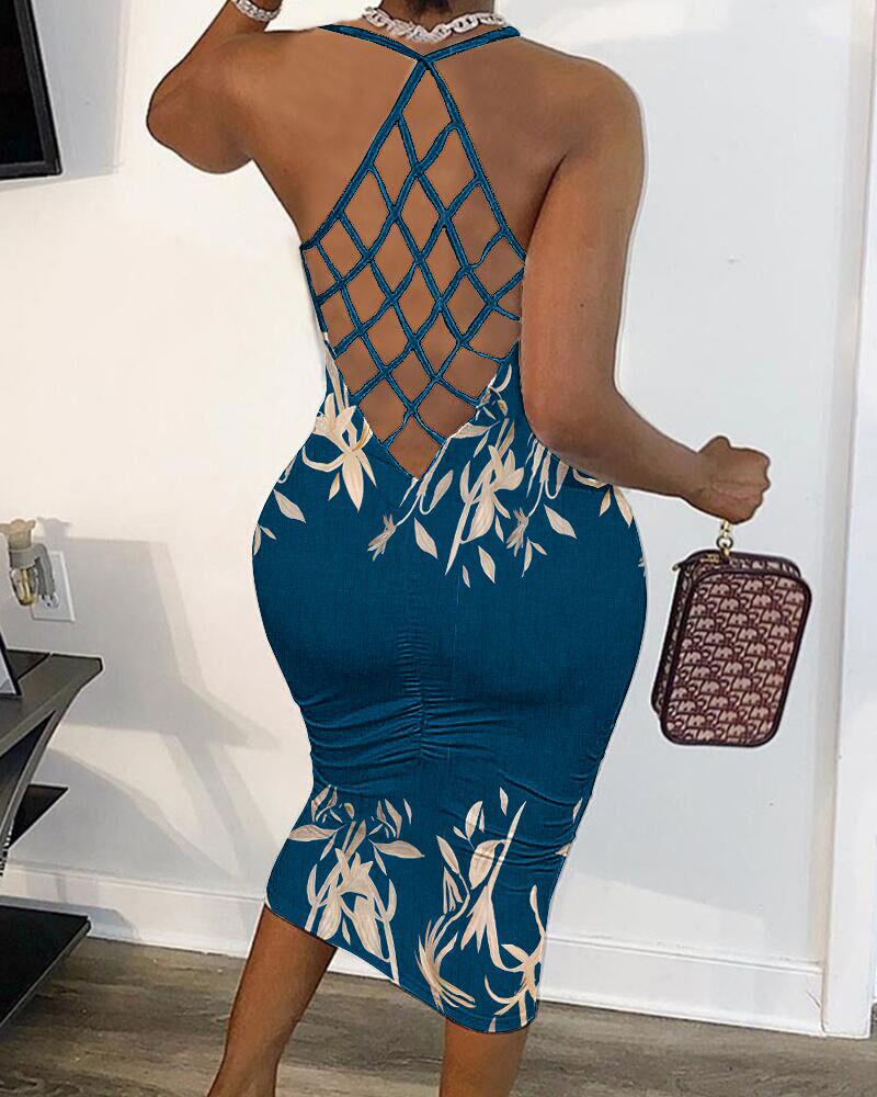 

Plants Print Fishnet Backless Bodycon Dress, Blue