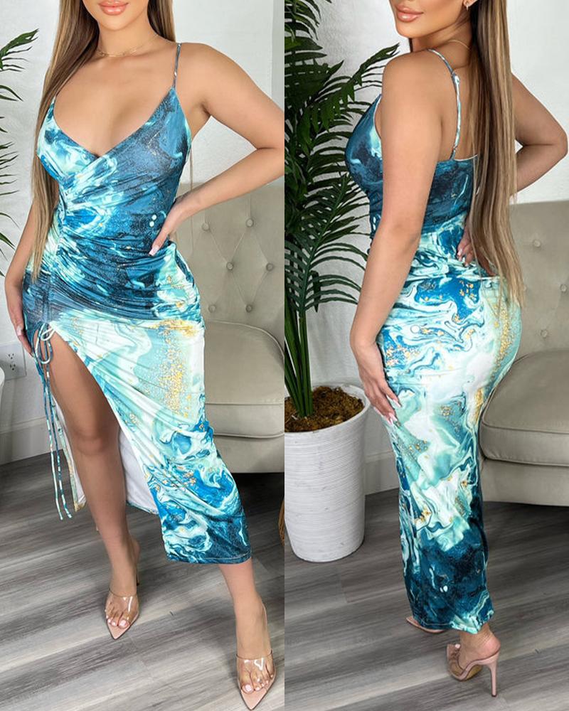 

Marble Print Drawstring Ruched High Slit Dress, Multicolor