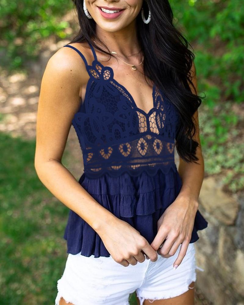 

Crochet Lace Hollow Out Layered Mesh Spaghetti Strap Top, Purplish blue