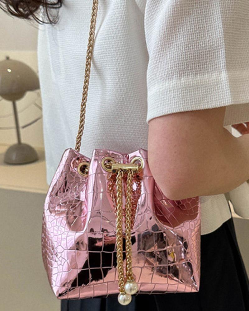 

Crocodile Chain Drawstring Bucket Bag, Pink