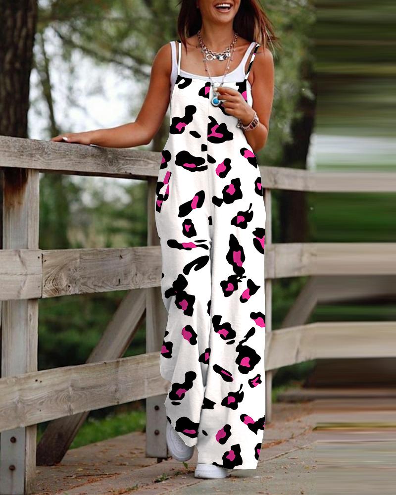 

Leopard Print Wide Leg Spaghetti Strap Jumpsuit, White