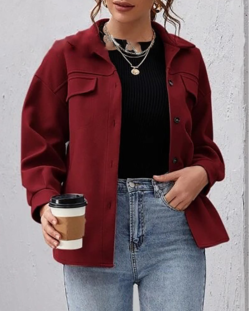 

Long Sleeve Button Design Coat, Wine red