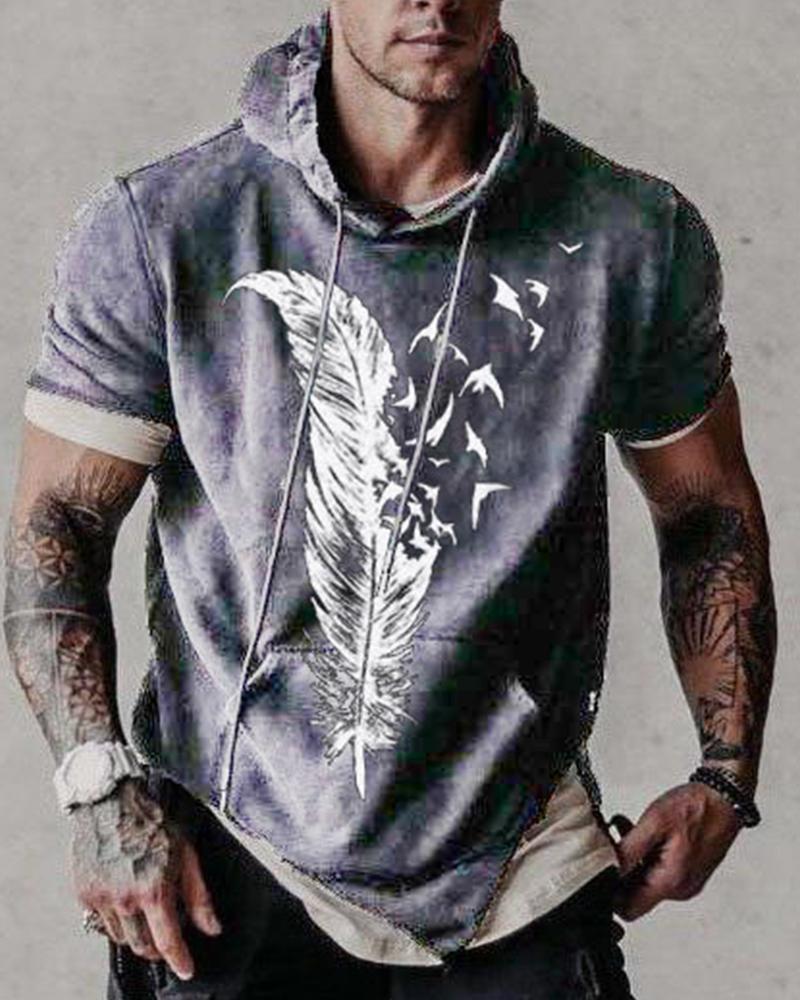 

Feather Print Short Sleeve Loose Hooded Sweatshirts, Gray