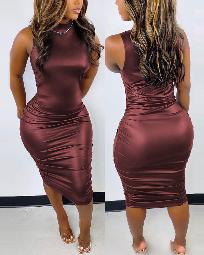 

PU Leather Sleeveless Ruched Bodycon Dress, Wine red