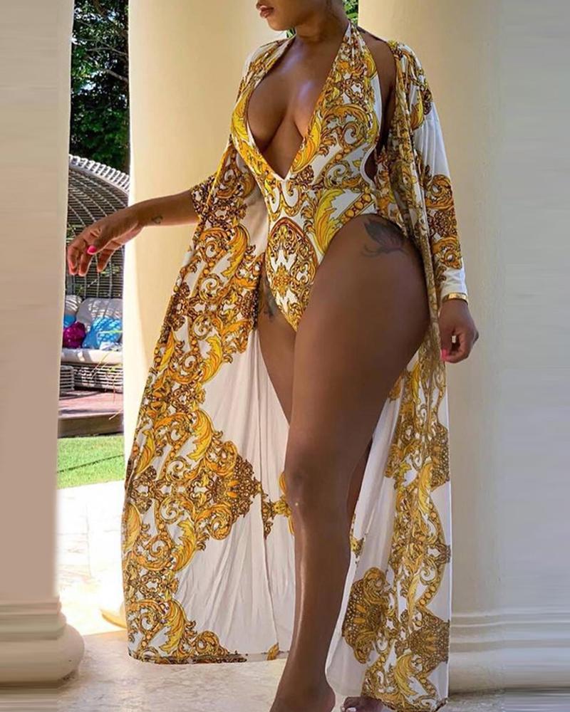 

Baroque Print Cutout One-Piece Swimsuit With Cover Up, Gold