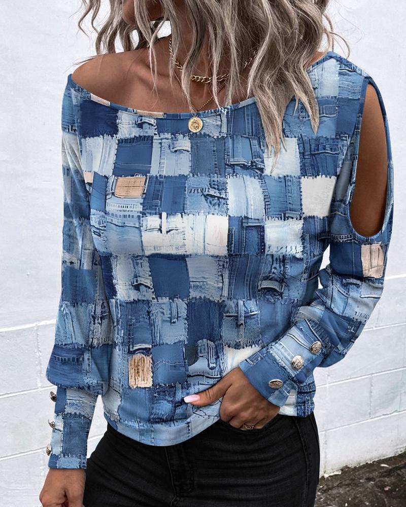 

Denim Look Print Cold Shoulder Long Sleeve Top, Blue