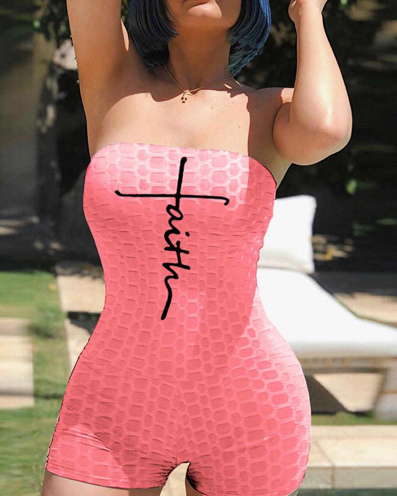 

Letter Print Textured Bandeau Romper, Pink